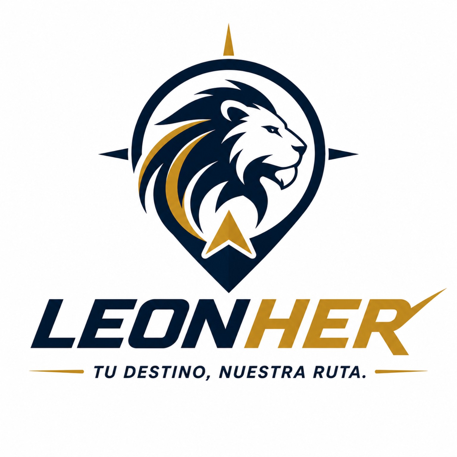 Logotipo LEONHER: león dorado dentro de un pin brújula azul marino